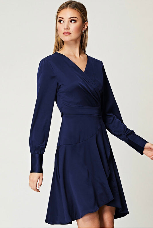 Angeleye Navy Satin Dress with Ruffle Hem - DDBooski Clothing Co