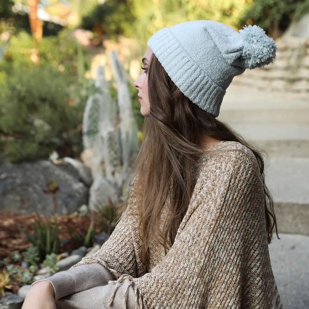 Chenille Super Soft Toque with Pom Pom in Light Blue