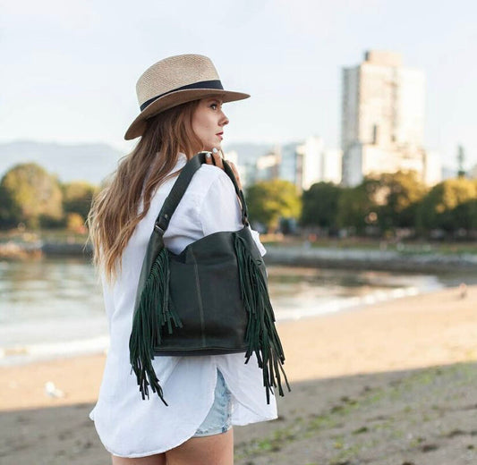 Risa Leather Fringe Chloe Hunter Green - DDBooski Clothing Co