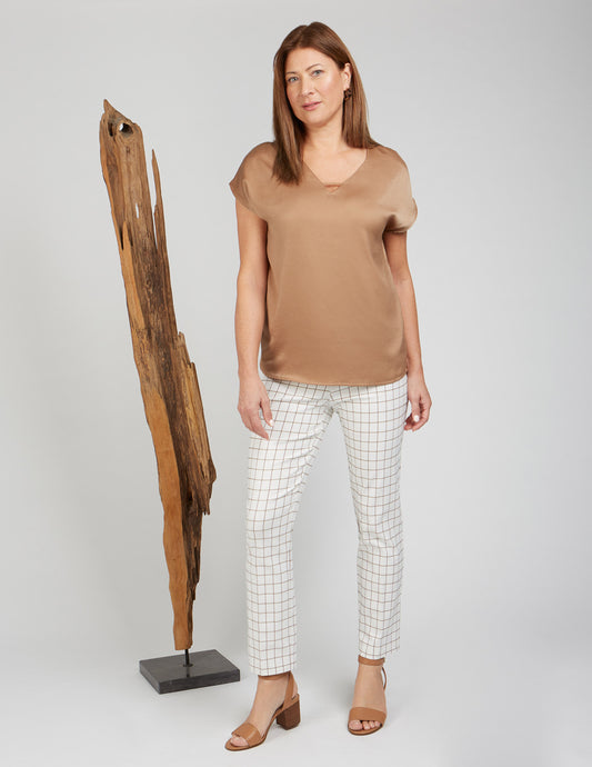 Renuar White Dress Pant with Toffee Grid Pattern