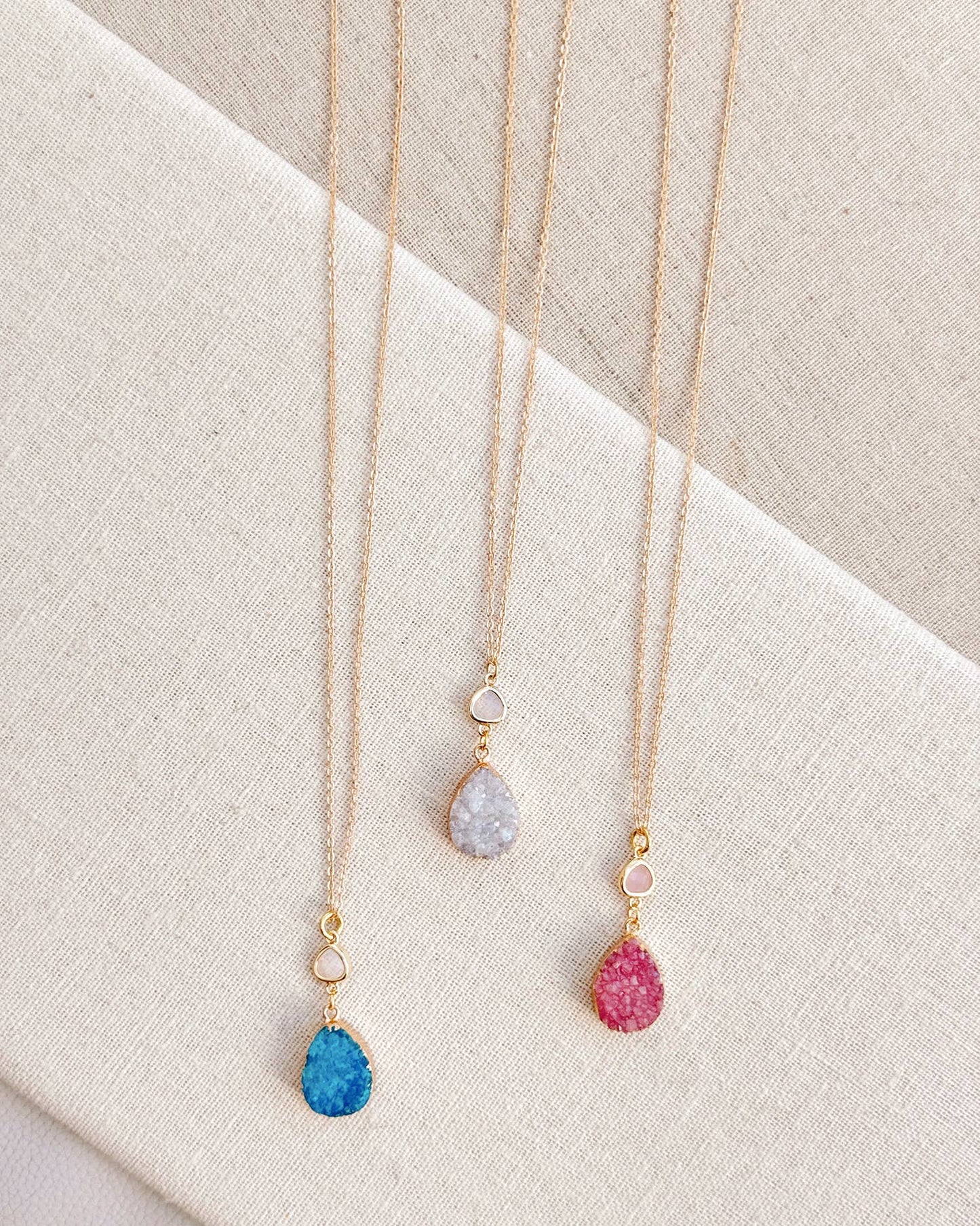 Gracie Rose Designs - Matte Gold Teardrop Druzy Quartz Pendant Long Necklace