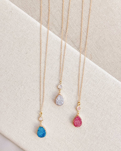 Gracie Rose Designs - Matte Gold Teardrop Druzy Quartz Pendant Long Necklace