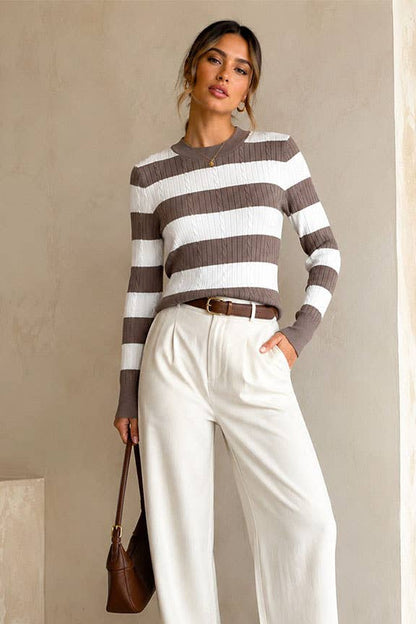 TIMING - Stripe Cable Knit Sweater Mocha Colored
