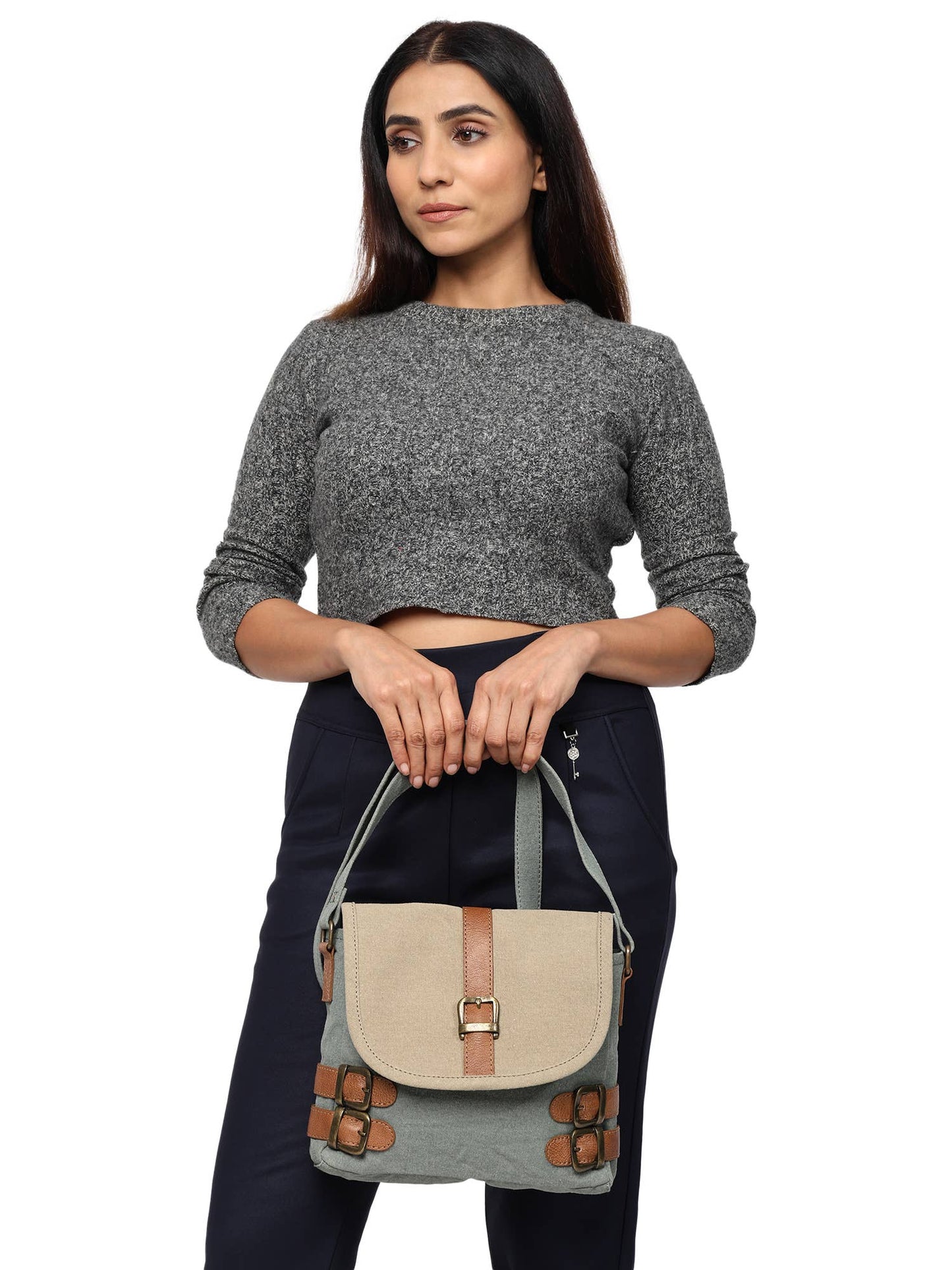 Mona B. - Buckled Up Agean Canvas Crossbody Bag, Original Leather