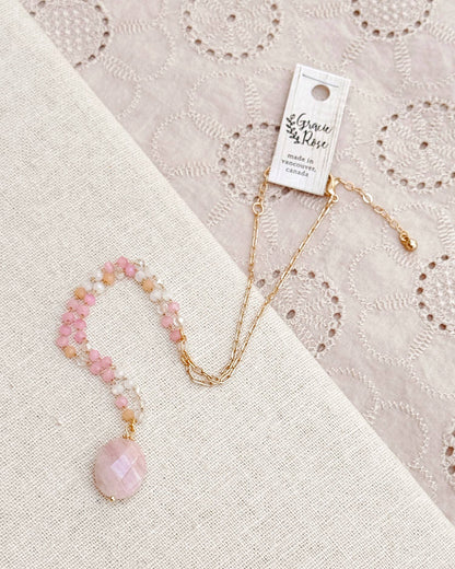 Gracie Rose Designs - Rose Quartz Pendant Necklace with Blush Beaded Chain