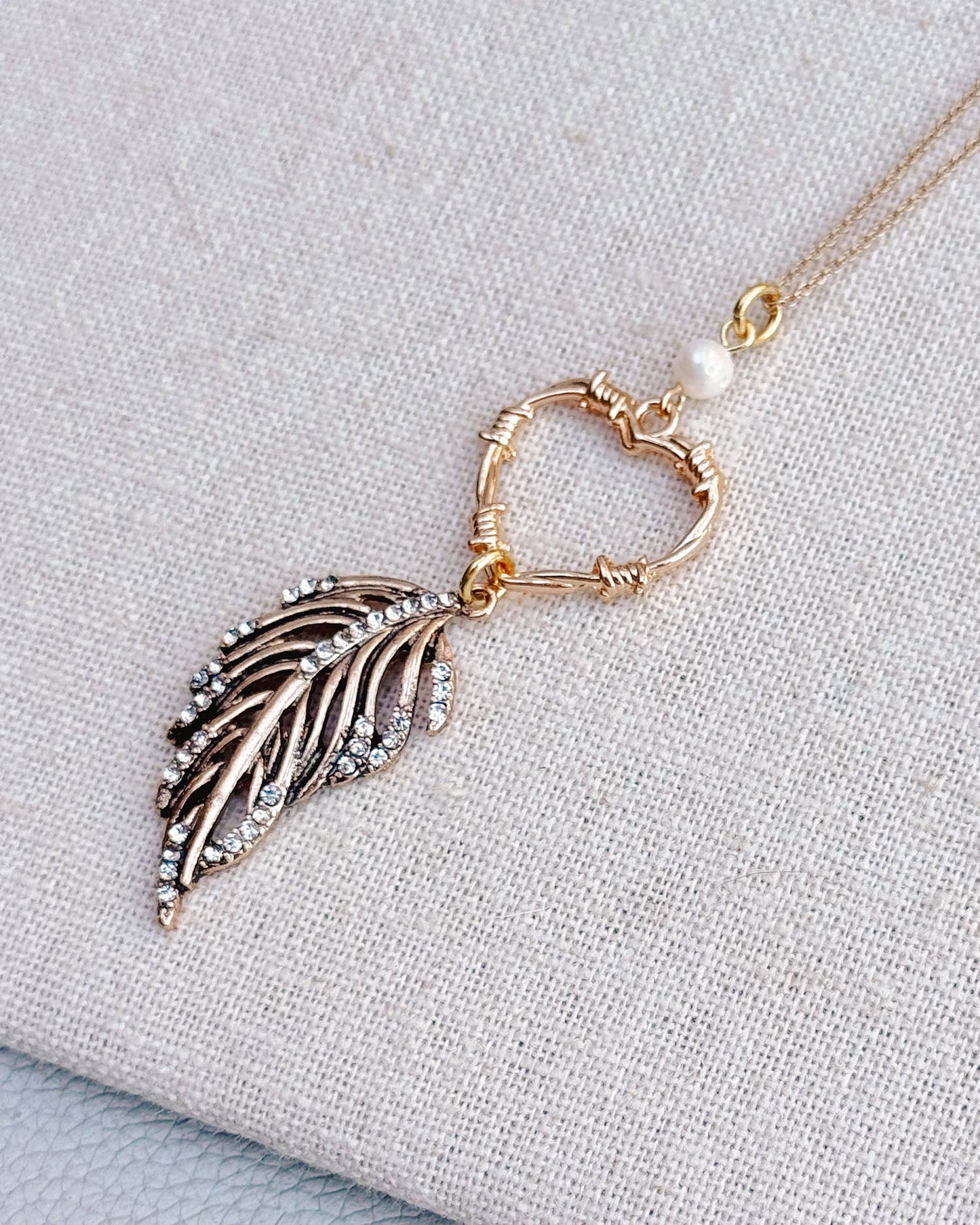 Gracie Rose Designs - Gold Heart & Rhinestone Feather Pendant Necklace