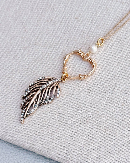 Gracie Rose Designs - Gold Heart & Rhinestone Feather Pendant Necklace