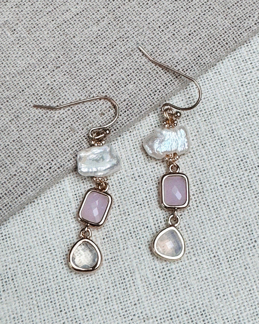 Gracie Rose Designs - Romantic Gold Freshwater Keshi Pearl Pink Dangle Earrings