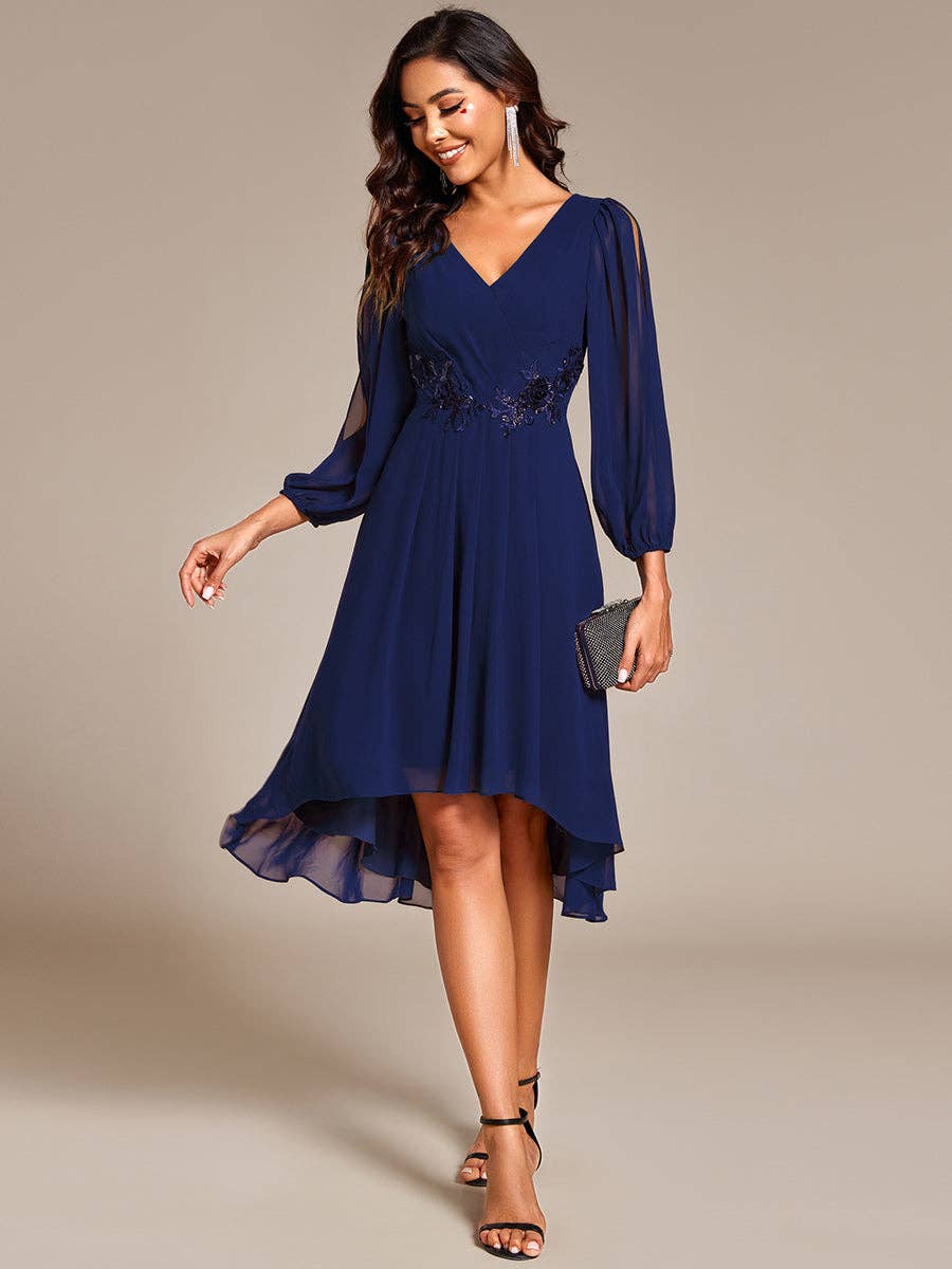 Ever-Pretty - Elegant Lantern Sleeve Midi-Length Evening Dresses