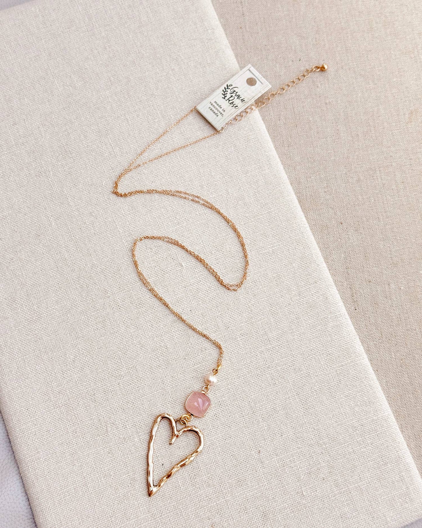 Gracie Rose Designs - Romantic Gold Rose Quartz Love Heart Pendant Long Necklace