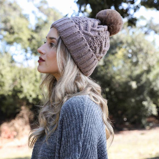 Taupe Cable Knit Toque with Thermal Lining