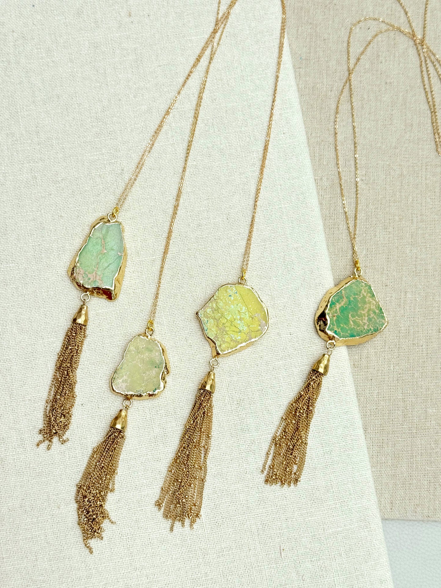 Gracie Rose Designs - One of a Kind Gold Green Sea Jasper Pendant Tassel Necklace