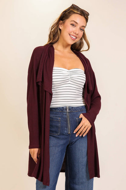 TIMING - Cozy Open-Front Knit Cardigan Wine