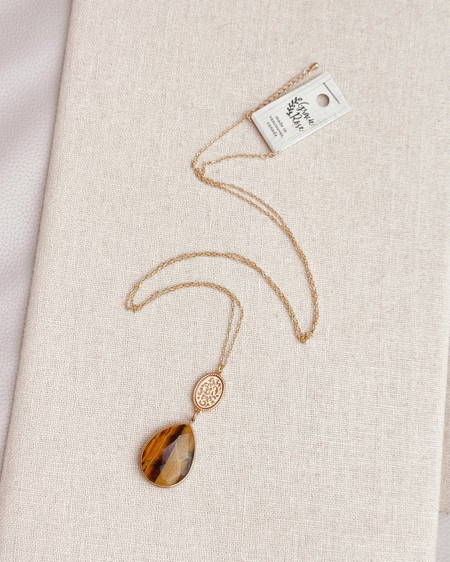 Gracie Rose Designs - Tiger's Eye Teardrop Filigree Pendant Long Gold Necklace