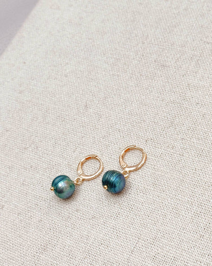 Gracie Rose Designs - Peacock Blue Freshwater Pearl Drop Gold Huggie Earrings