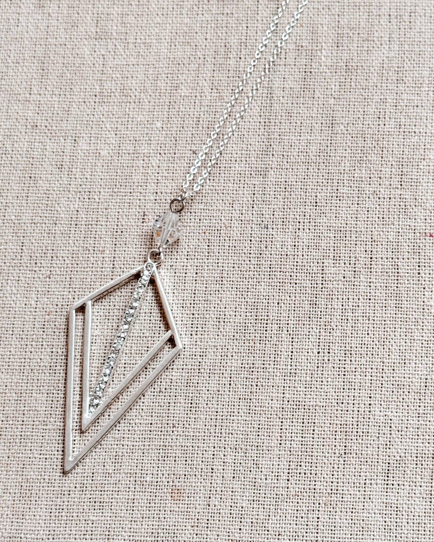 Gracie Rose Designs - Matte Silver Rhinestone Geometric Pendant Long Necklace