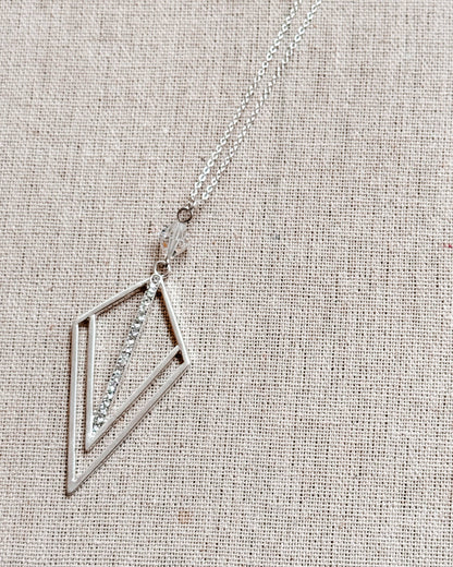 Gracie Rose Designs - Matte Silver Rhinestone Geometric Pendant Long Necklace