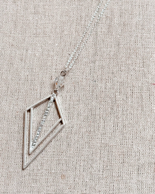 Gracie Rose Designs - Matte Silver Rhinestone Geometric Pendant Long Necklace