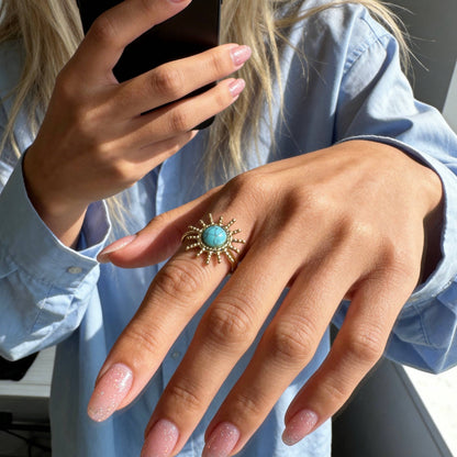 Aurea Jewelry - Stainless Steel Turquoise Sunburst Statement Open Ring