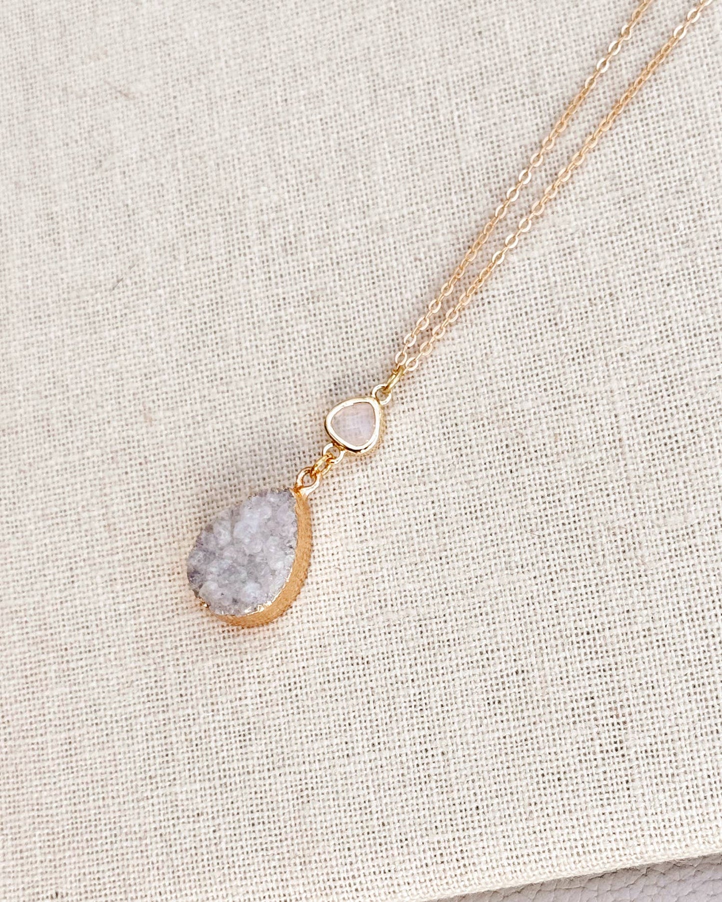 Gracie Rose Designs - Matte Gold Teardrop Druzy Quartz Pendant Long Necklace