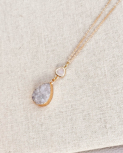 Gracie Rose Designs - Matte Gold Teardrop Druzy Quartz Pendant Long Necklace