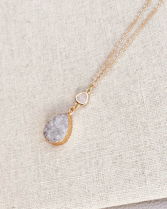 Gracie Rose Designs - Matte Gold Teardrop Druzy Quartz Pendant Long Necklace