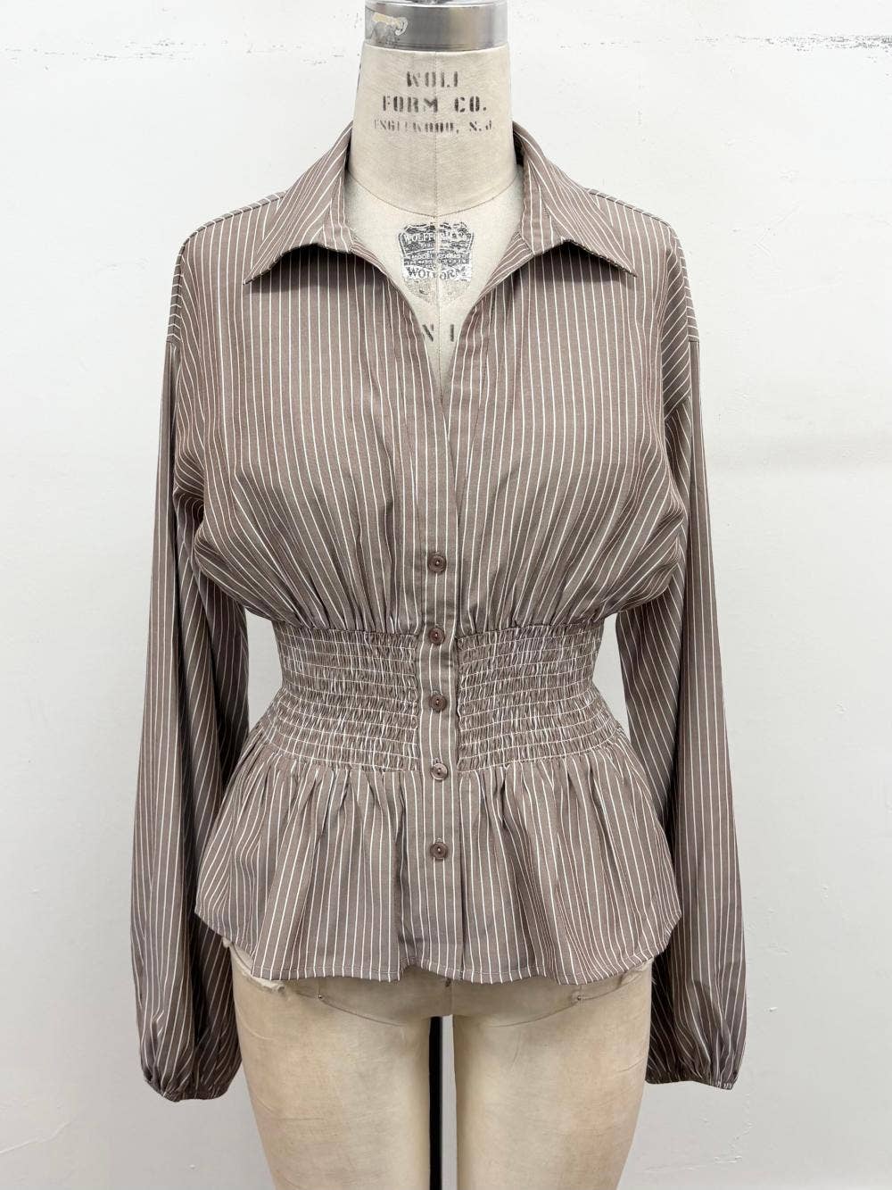 TIMING - Pinstripe Smocked Waist Peplum Blouse