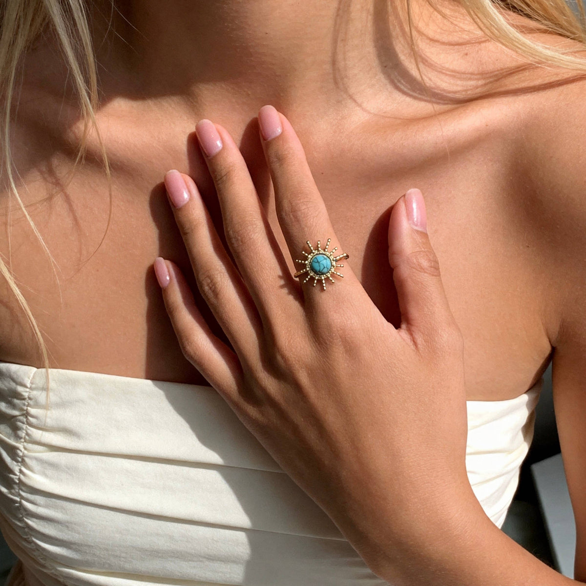 Aurea Jewelry - Stainless Steel Turquoise Sunburst Statement Open Ring