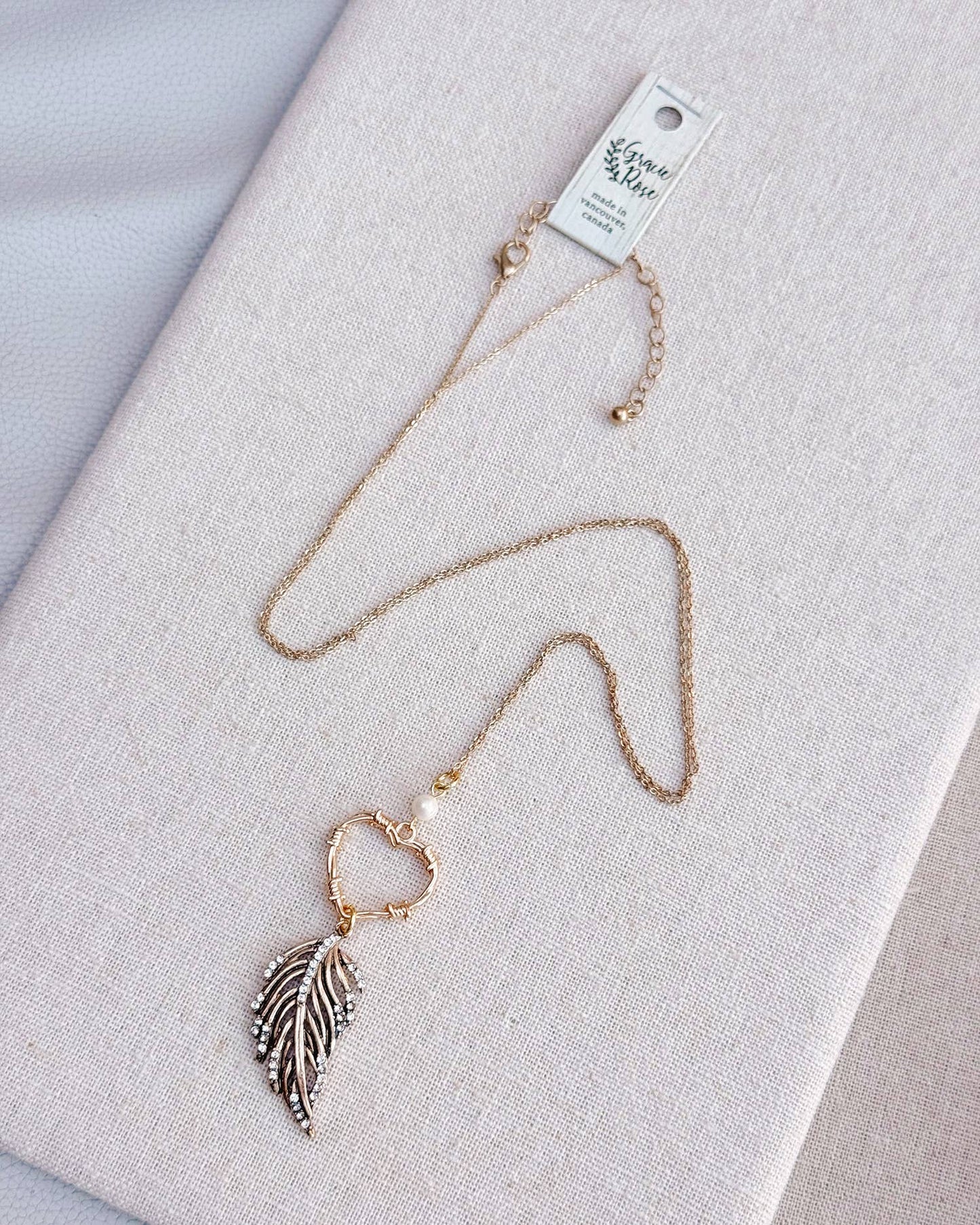 Gracie Rose Designs - Gold Heart & Rhinestone Feather Pendant Necklace