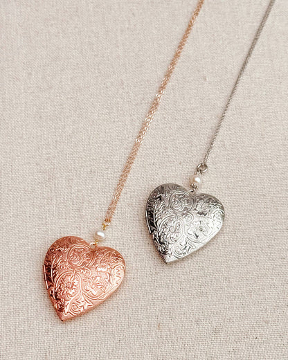 Gracie Rose Designs - Large Silver Heart Locket Freshwater Pearl Necklace