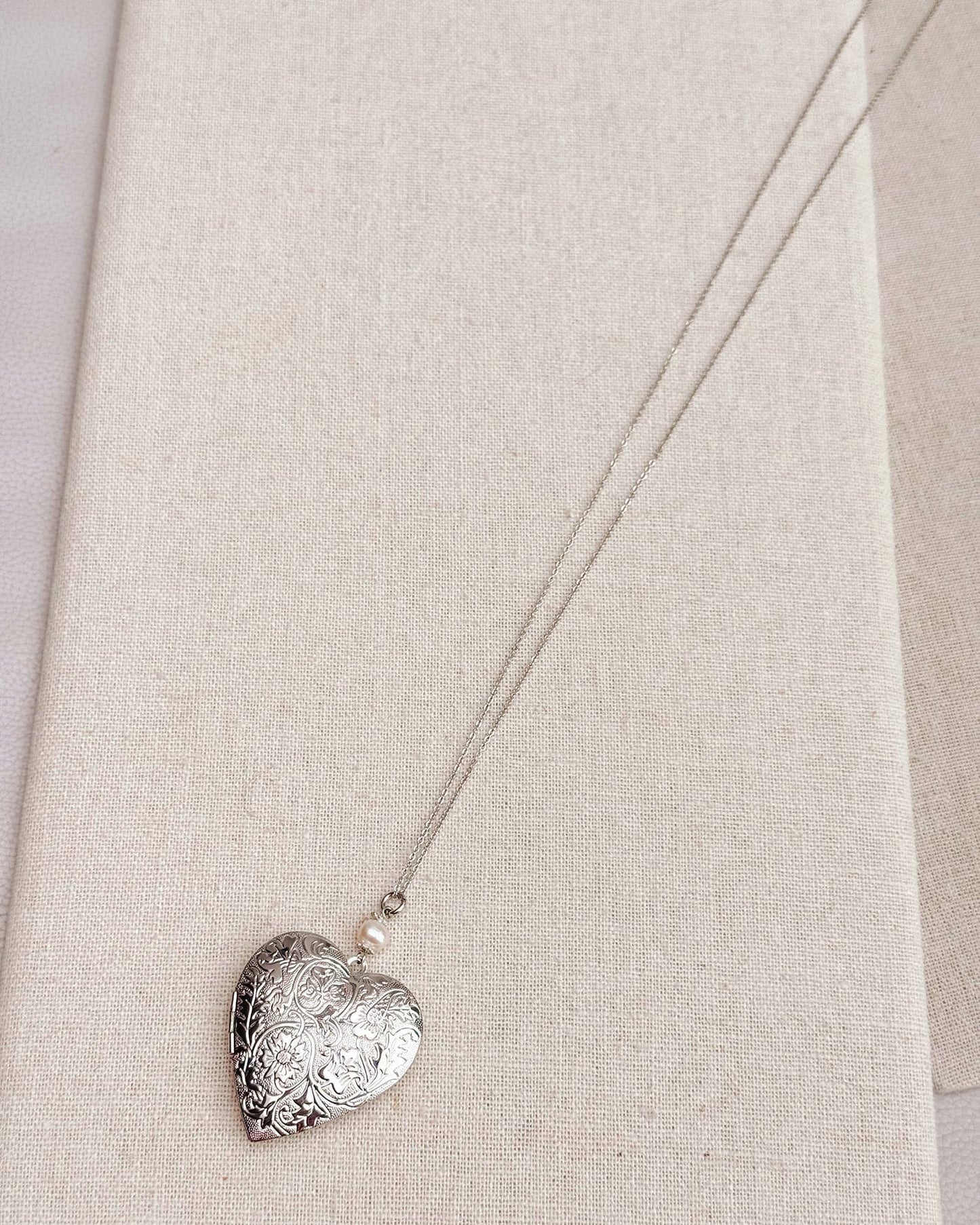 Gracie Rose Designs - Large Silver Heart Locket Freshwater Pearl Necklace