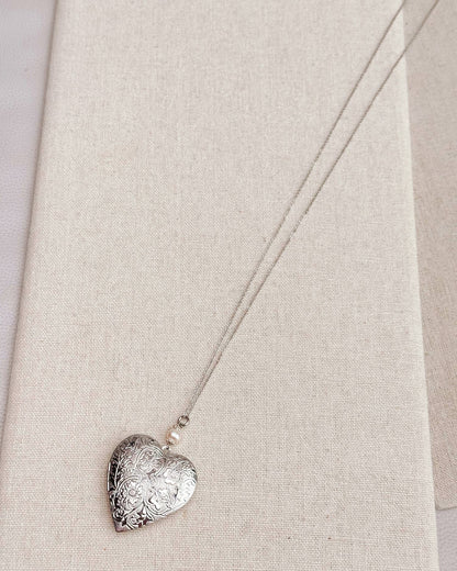 Gracie Rose Designs - Large Silver Heart Locket Freshwater Pearl Necklace