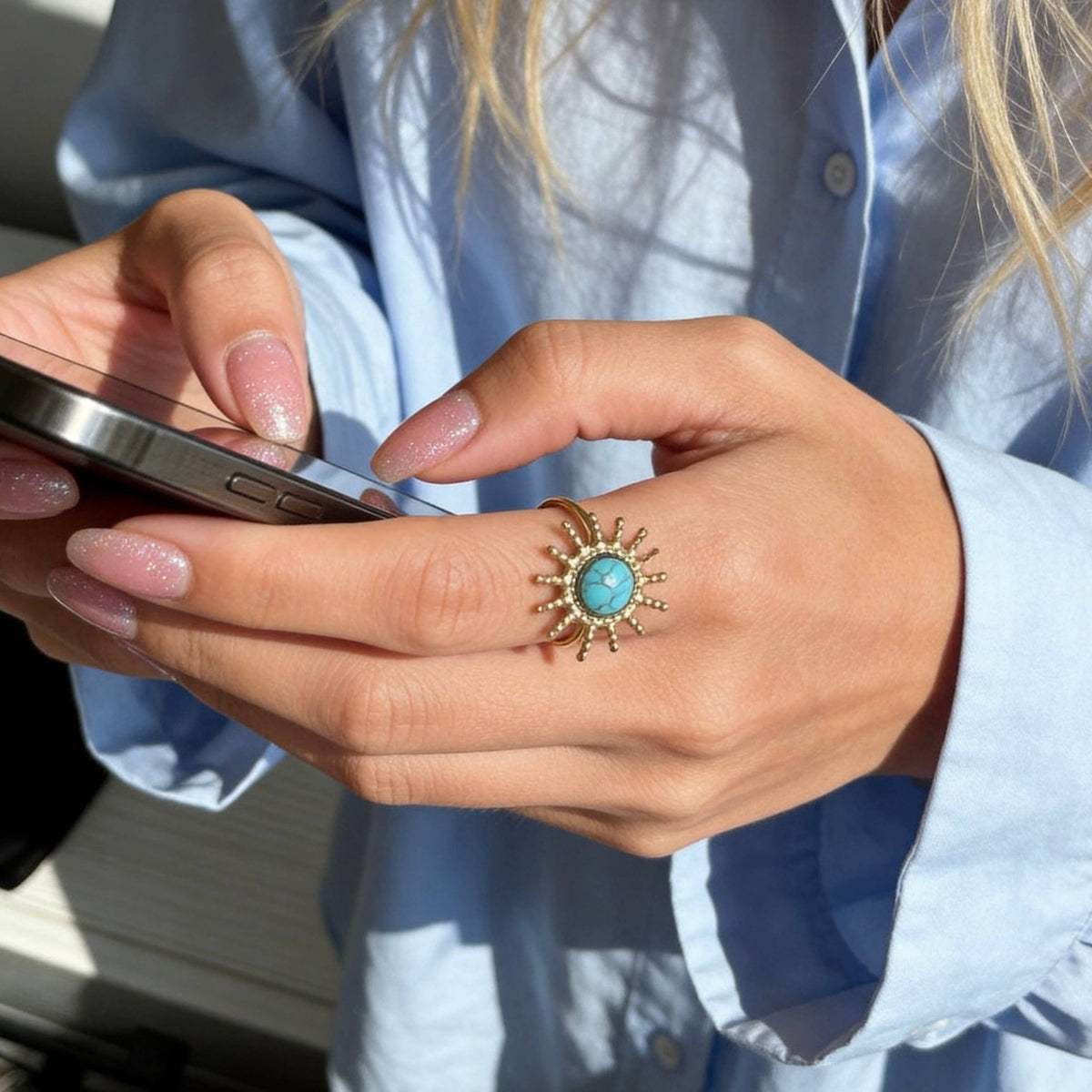 Aurea Jewelry - Stainless Steel Turquoise Sunburst Statement Open Ring