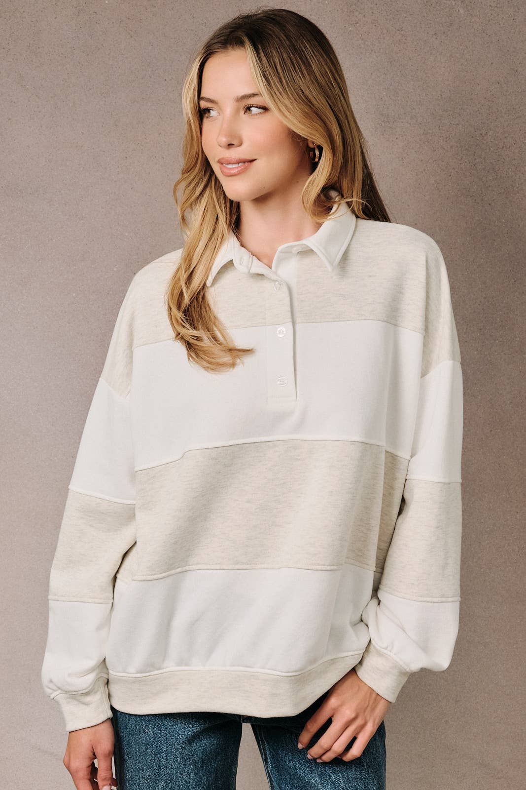 Sunday Edition by LE LIS - POLO COLLAR LONG SLEEVE COLOR BLOCK RUGBY PULLOVER TOP Light Grey