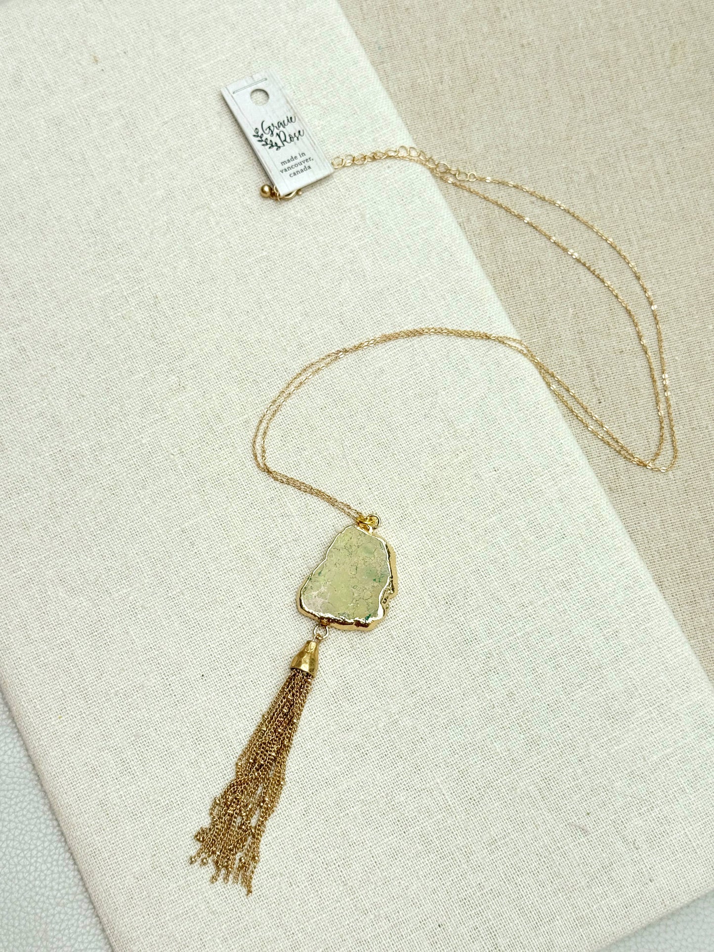 Gracie Rose Designs - One of a Kind Gold Green Sea Jasper Pendant Tassel Necklace