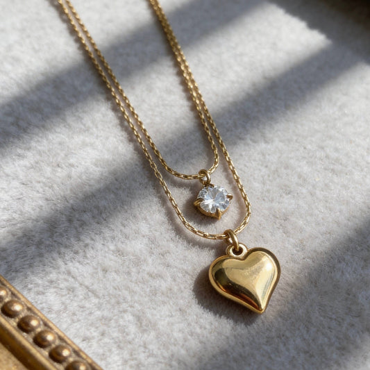Aurea Jewelry - Layered Heart Necklace with Cubic Zirconia Charm