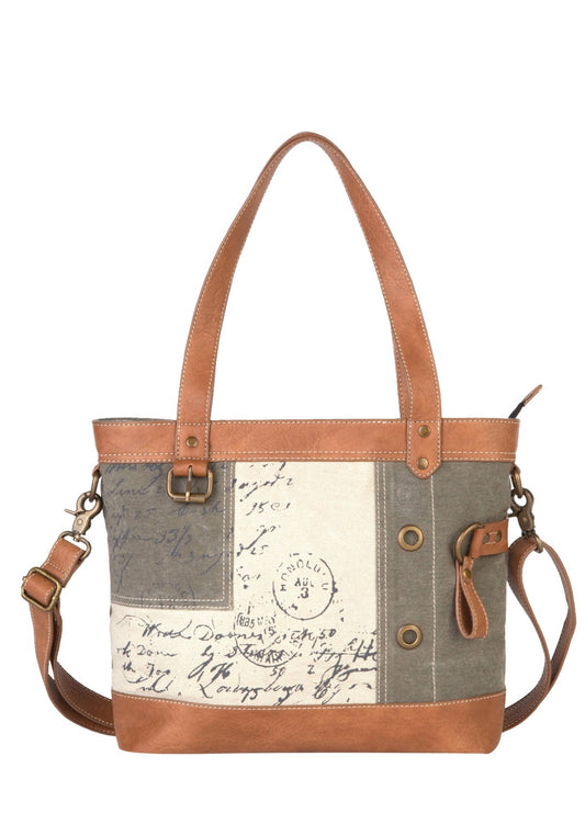 Mona B. - Vintage Script Up-Cycled Canvas Women's Shoulder Bag