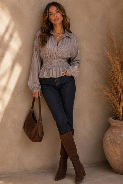 TIMING - Pinstripe Smocked Waist Peplum Blouse