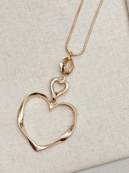 Gracie Rose Designs - Crystal Large Heart Pendant Long Statement Gold Necklace