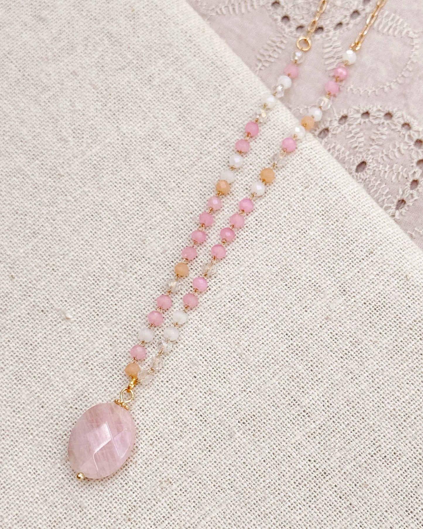 Gracie Rose Designs - Rose Quartz Pendant Necklace with Blush Beaded Chain
