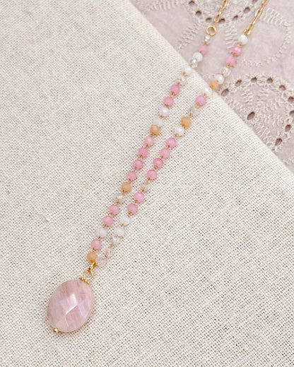 Gracie Rose Designs - Rose Quartz Pendant Necklace with Blush Beaded Chain