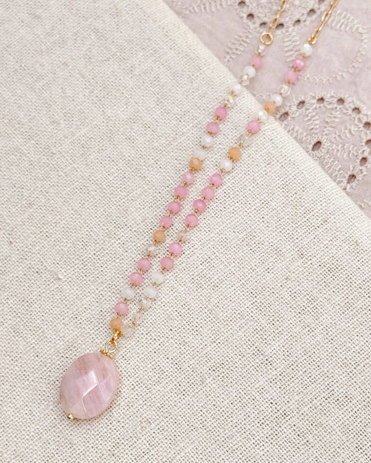 Gracie Rose Designs - Rose Quartz Pendant Necklace with Blush Beaded Chain