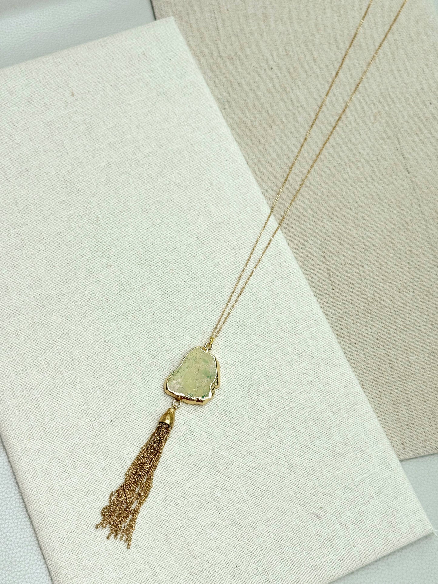 Gracie Rose Designs - One of a Kind Gold Green Sea Jasper Pendant Tassel Necklace