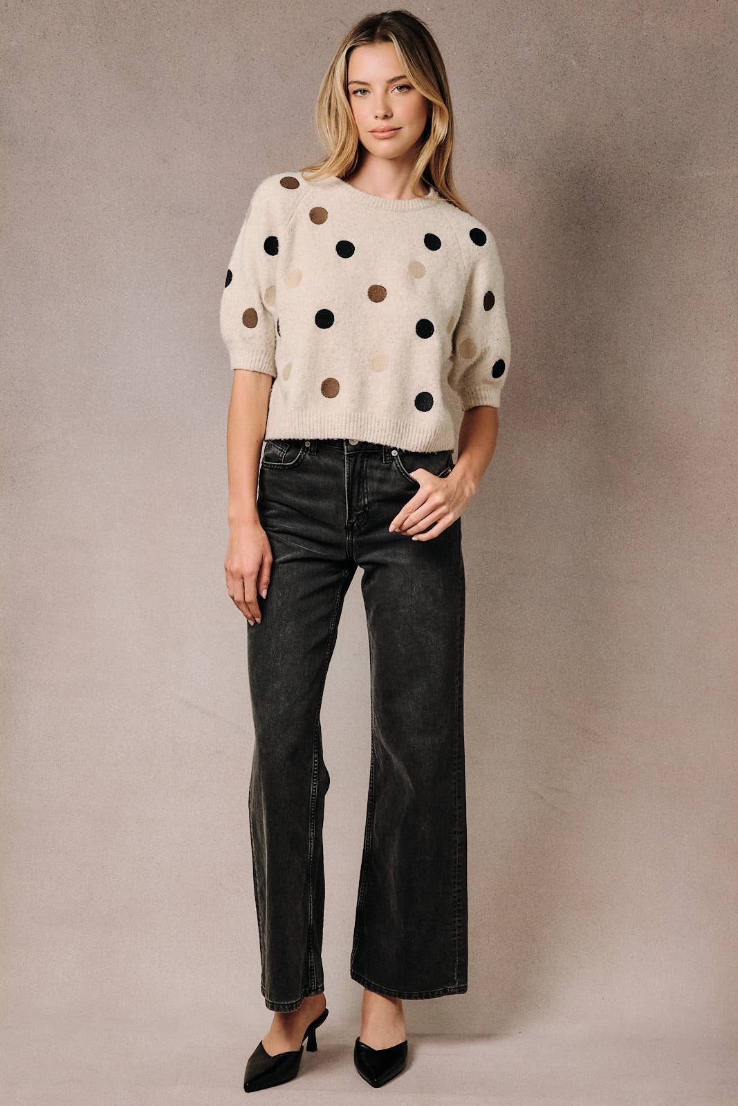 Sunday Edition by LE LIS - ROUND NECK RAGLAN HALF SLEEVE POLKA DOT SWEATER