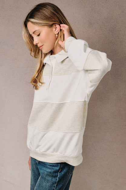 Sunday Edition by LE LIS - POLO COLLAR LONG SLEEVE COLOR BLOCK RUGBY PULLOVER TOP Light Grey