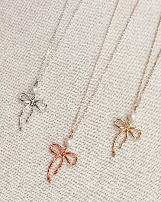 Gracie Rose Designs - Bow Pearl Pendant Necklace – Gold, & Silver