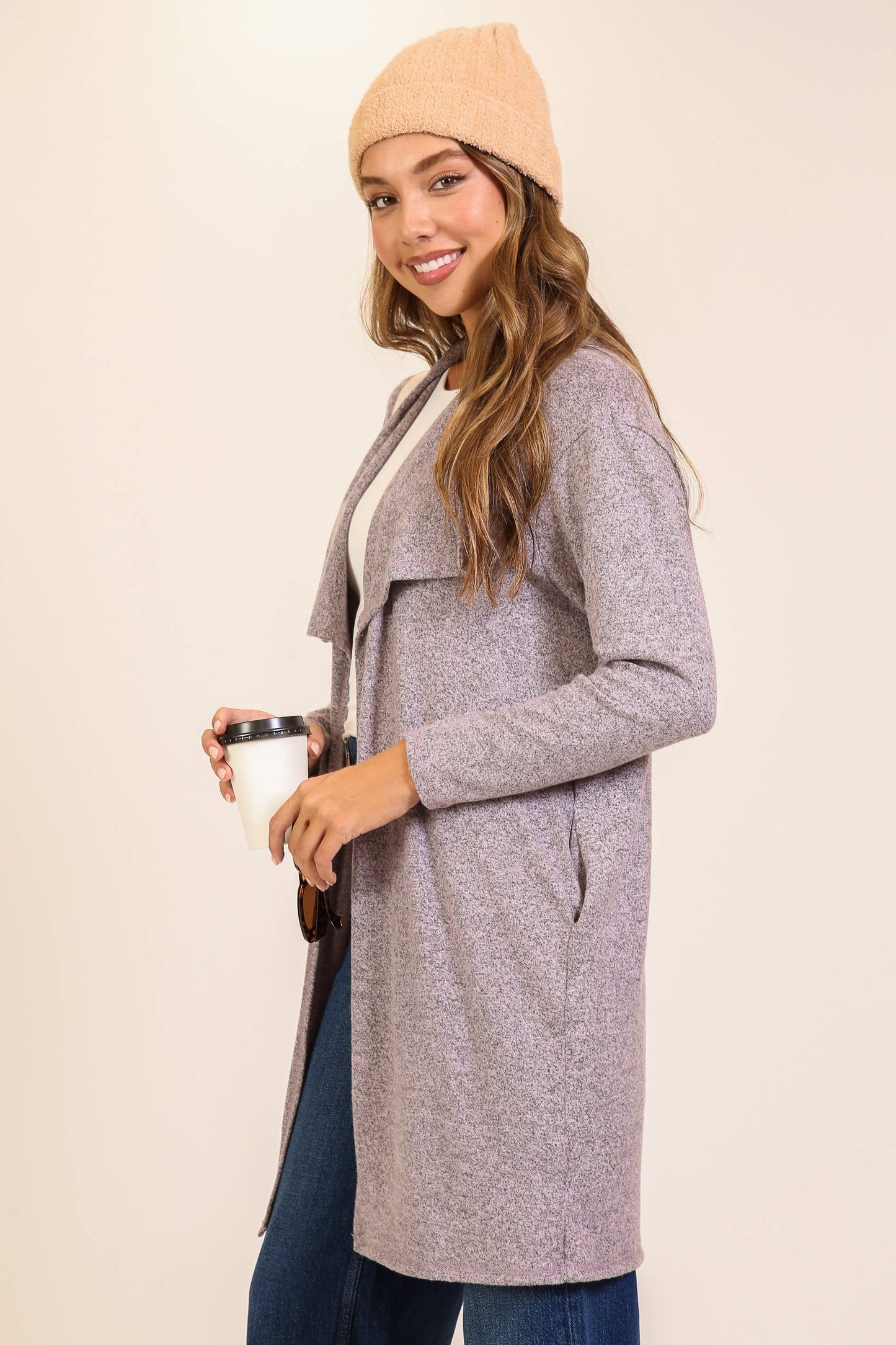 TIMING - Cozy Open-Front Knit Cardigan Lavender