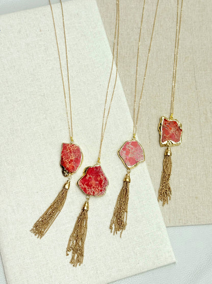 Gracie Rose Designs - One of a Kind Gold Red Sea Jasper Pendant Tassel Necklace