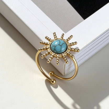 Aurea Jewelry - Stainless Steel Turquoise Sunburst Statement Open Ring