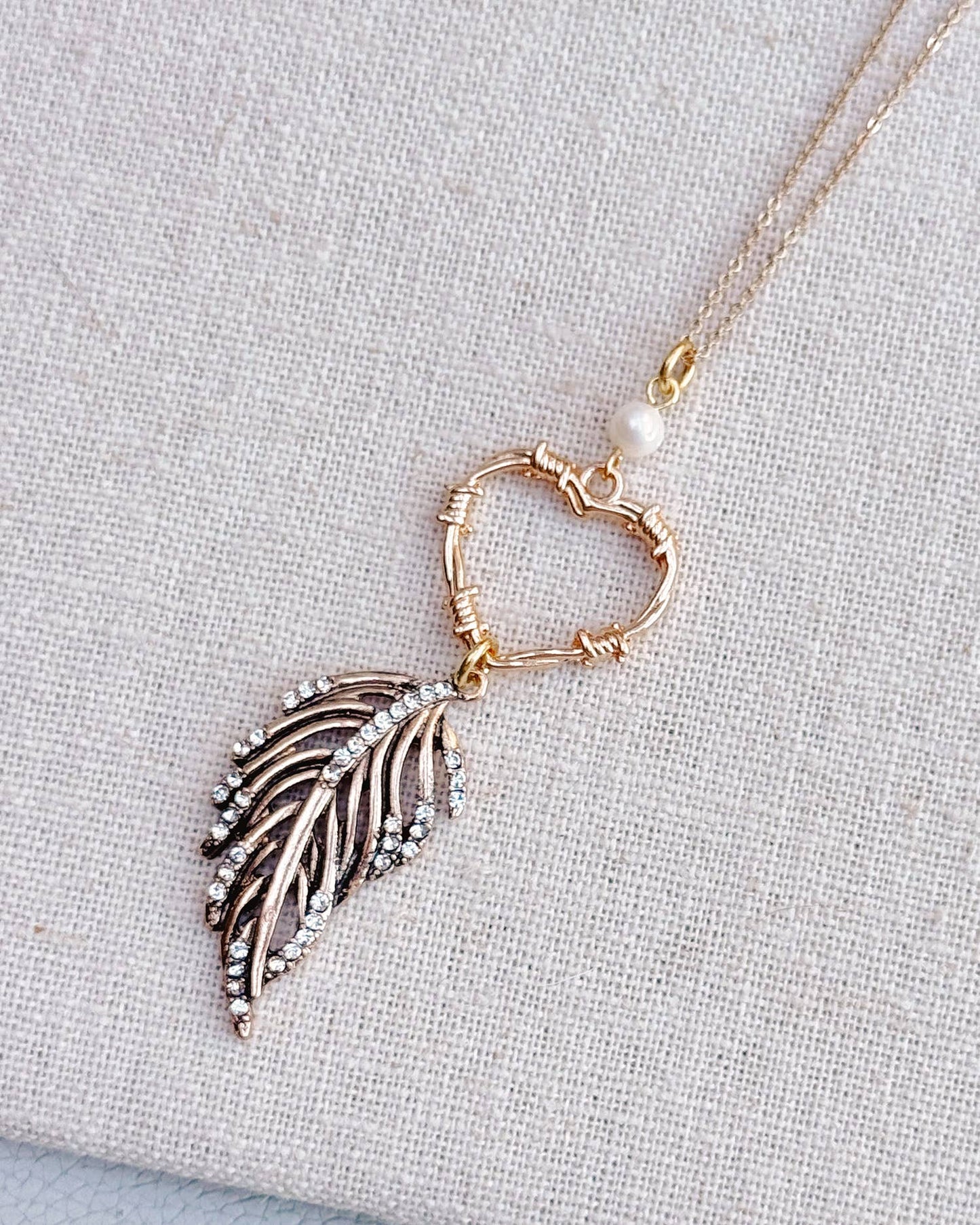 Gracie Rose Designs - Gold Heart & Rhinestone Feather Pendant Necklace